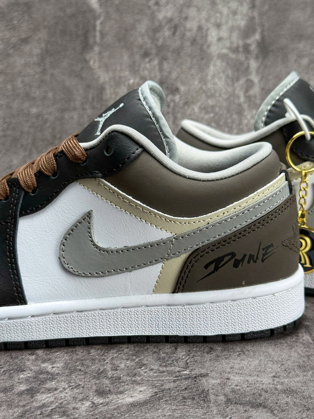 Air Jordan 1 Low AJ1 Black White & Grey Sneakers with Brown Laces, Retro Low-Top Casual Streetwear Shoes