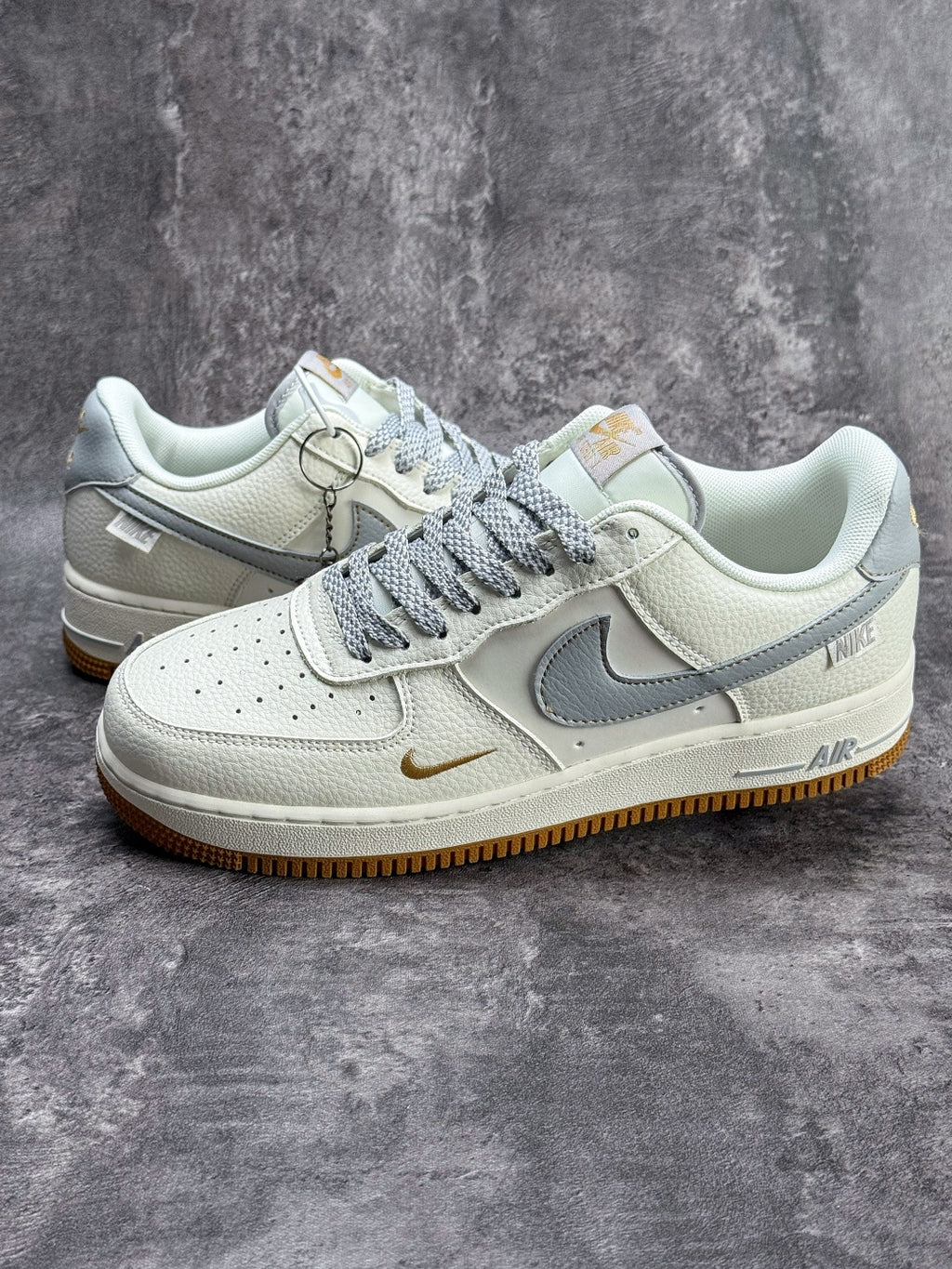 Nike Air Force 1 ’07 Low White & Grey Sneakers with Mini Swoosh, Gum Outsole Retro Lace-Up Casual Shoes