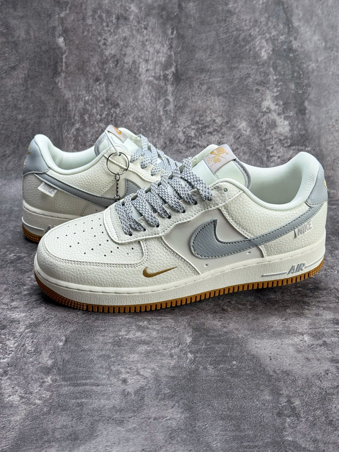 Nike Air Force 1 ’07 Low White & Grey Sneakers with Mini Swoosh, Gum Outsole Retro Lace-Up Casual Shoes