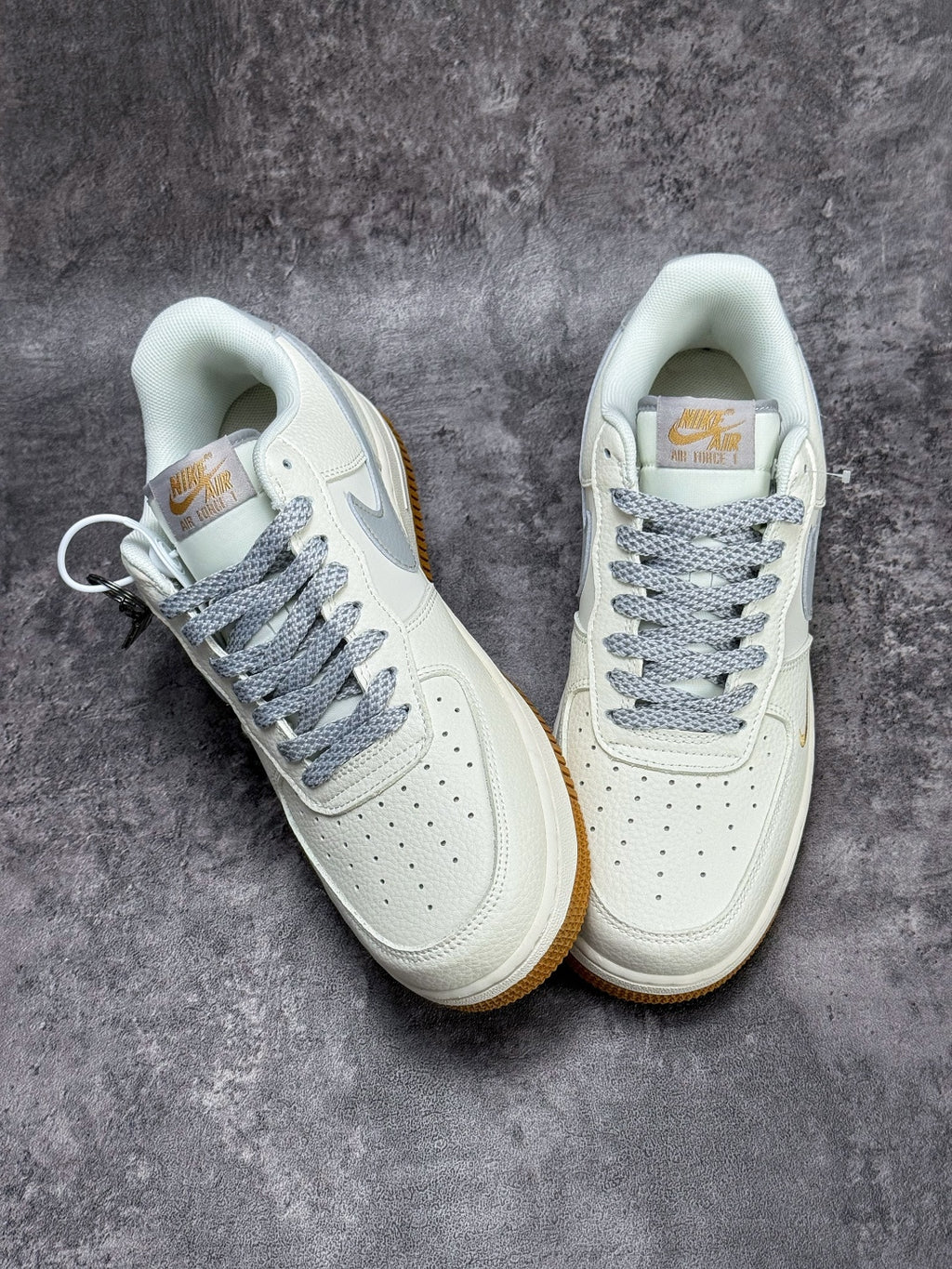 Nike Air Force 1 ’07 Low White & Grey Sneakers with Mini Swoosh, Gum Outsole Retro Lace-Up Casual Shoes