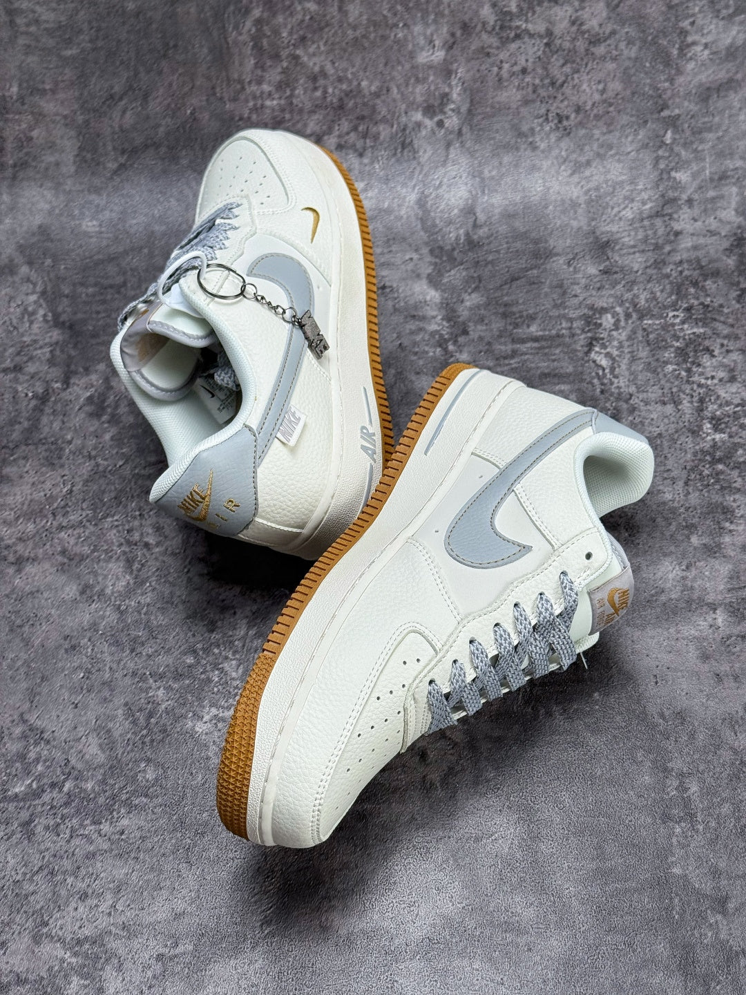Nike Air Force 1 ’07 Low White & Grey Sneakers with Mini Swoosh, Gum Outsole Retro Lace-Up Casual Shoes