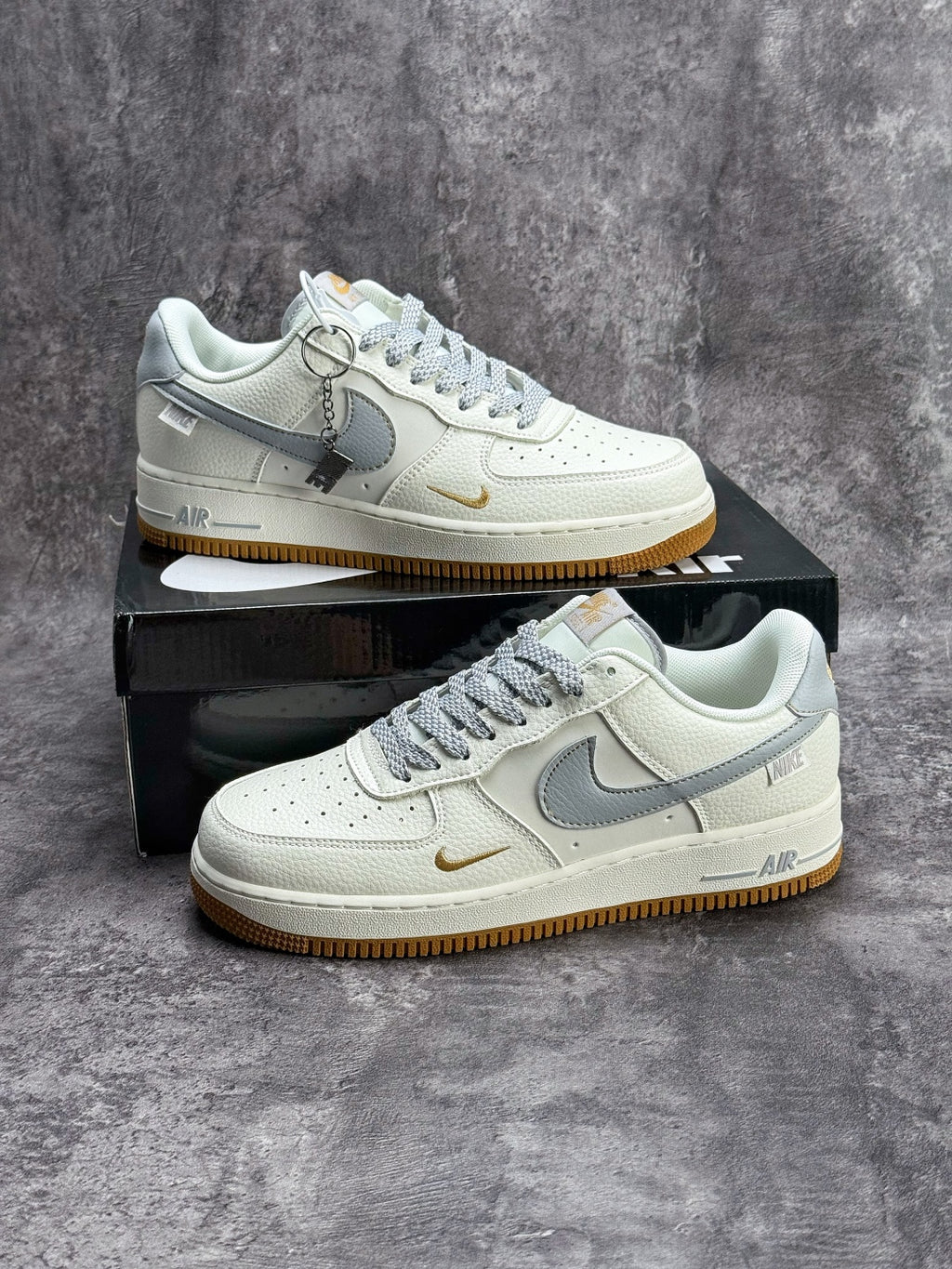 Nike Air Force 1 ’07 Low White & Grey Sneakers with Mini Swoosh, Gum Outsole Retro Lace-Up Casual Shoes