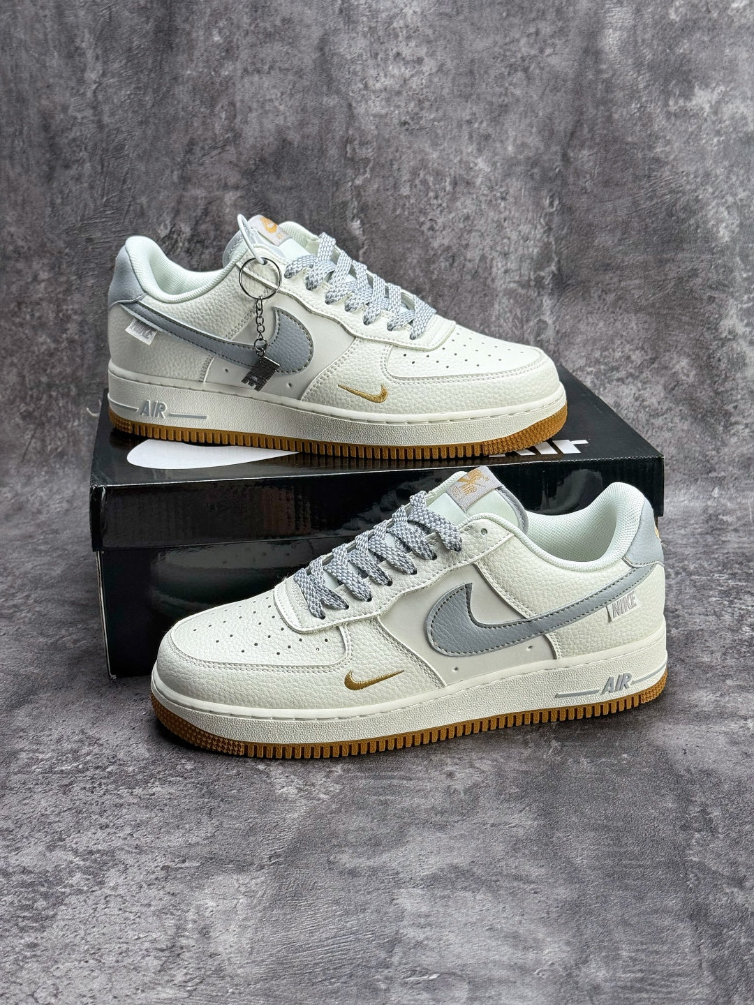 Nike Air Force 1 ’07 Low White & Grey Sneakers with Mini Swoosh, Gum Outsole Retro Lace-Up Casual Shoes