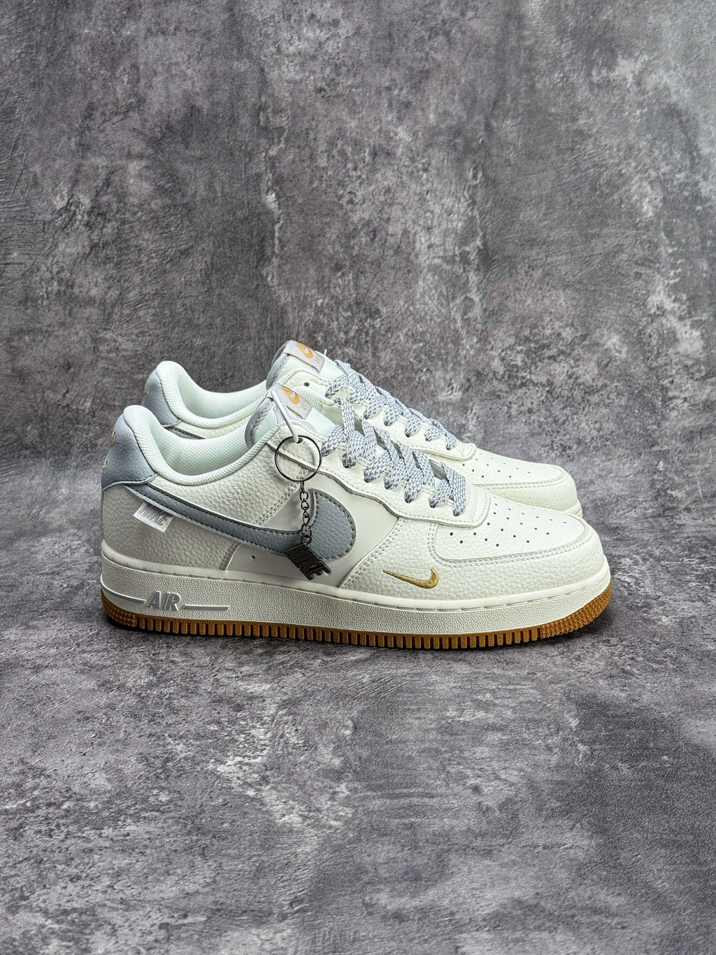 Nike Air Force 1 ’07 Low White & Grey Sneakers with Mini Swoosh, Gum Outsole Retro Lace-Up Casual Shoes