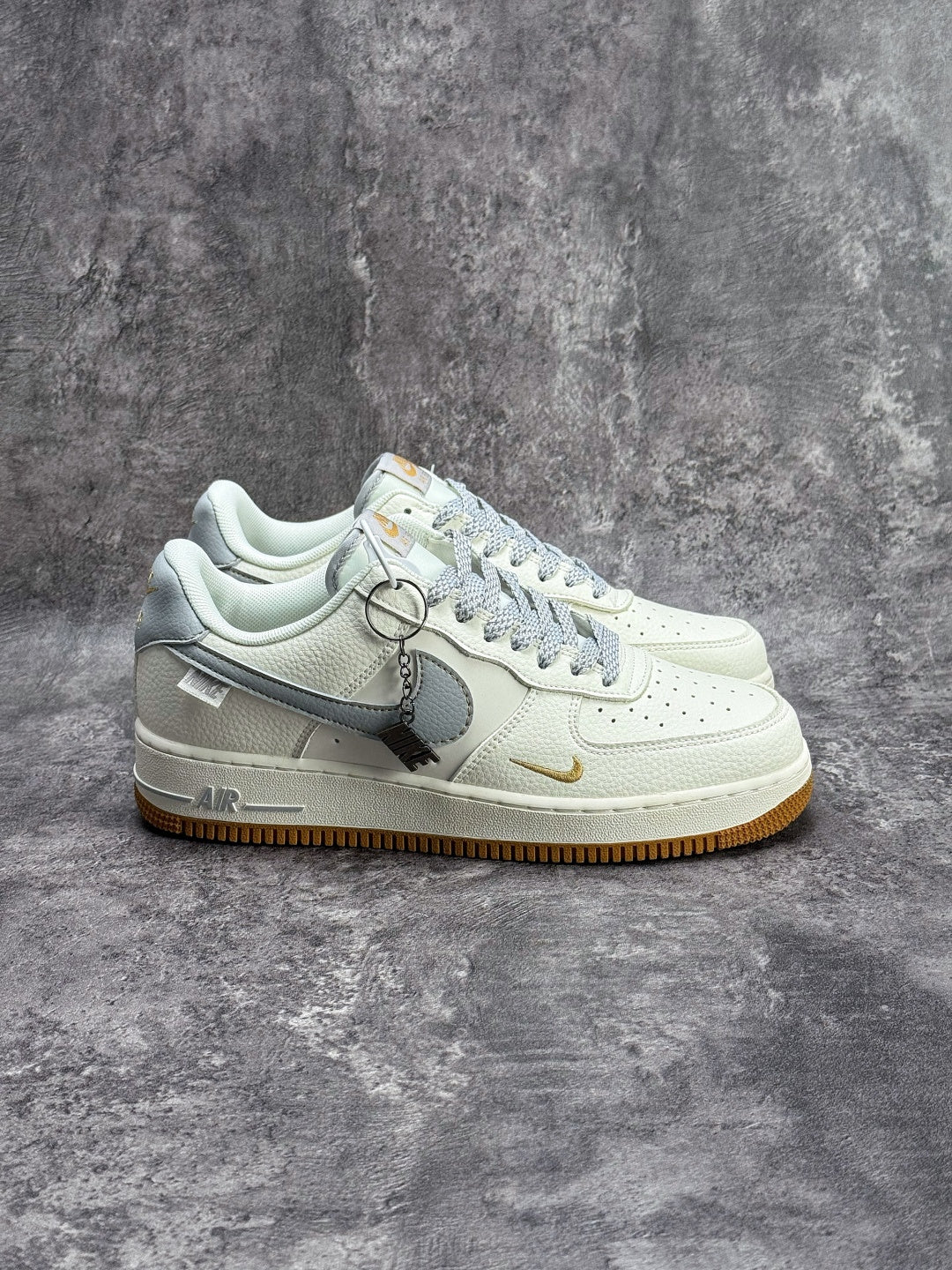 Nike Air Force 1 ’07 Low White & Grey Sneakers with Mini Swoosh, Gum Outsole Retro Lace-Up Casual Shoes