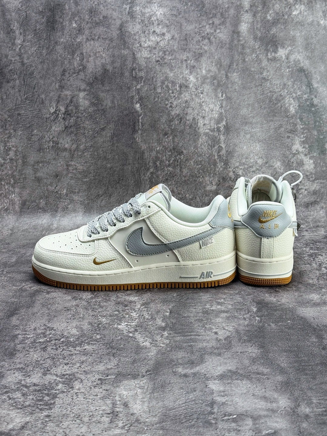 Nike Air Force 1 ’07 Low White & Grey Sneakers with Mini Swoosh, Gum Outsole Retro Lace-Up Casual Shoes