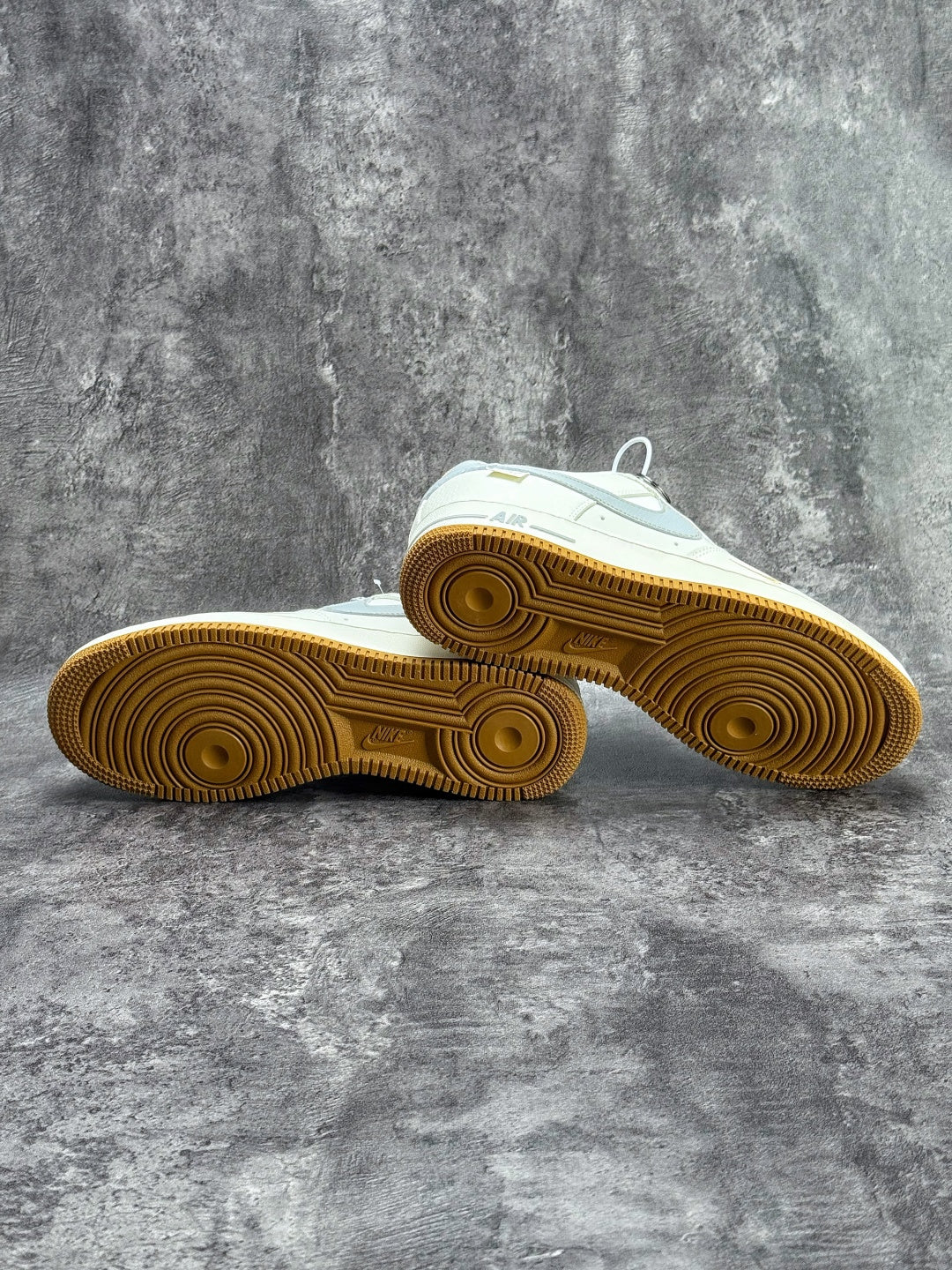 Nike Air Force 1 ’07 Low White & Grey Sneakers with Mini Swoosh, Gum Outsole Retro Lace-Up Casual Shoes