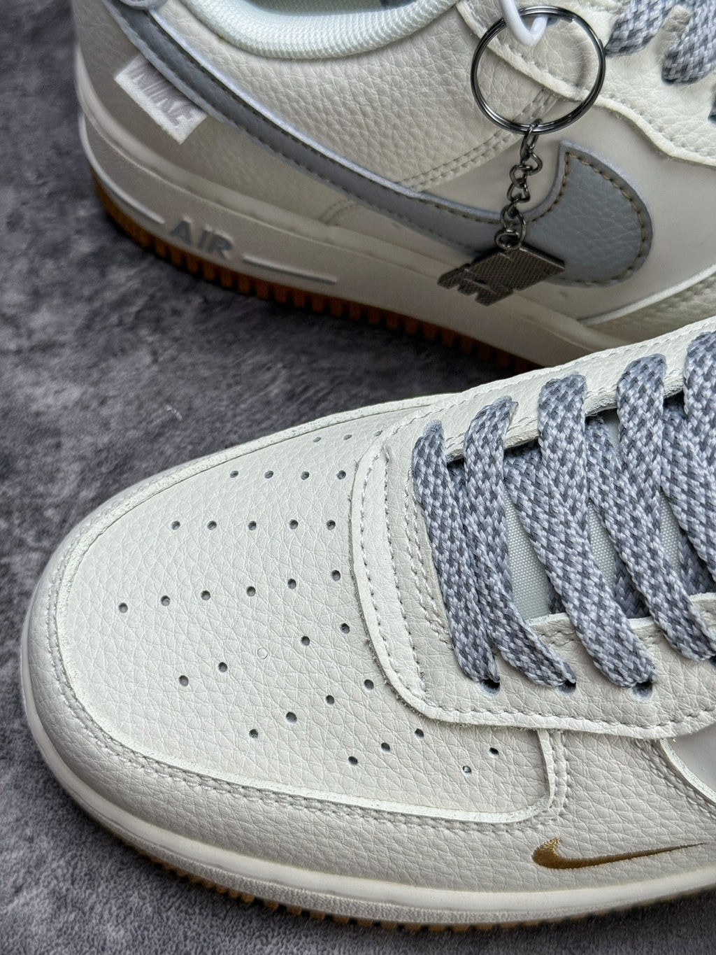 Nike Air Force 1 ’07 Low White & Grey Sneakers with Mini Swoosh, Gum Outsole Retro Lace-Up Casual Shoes
