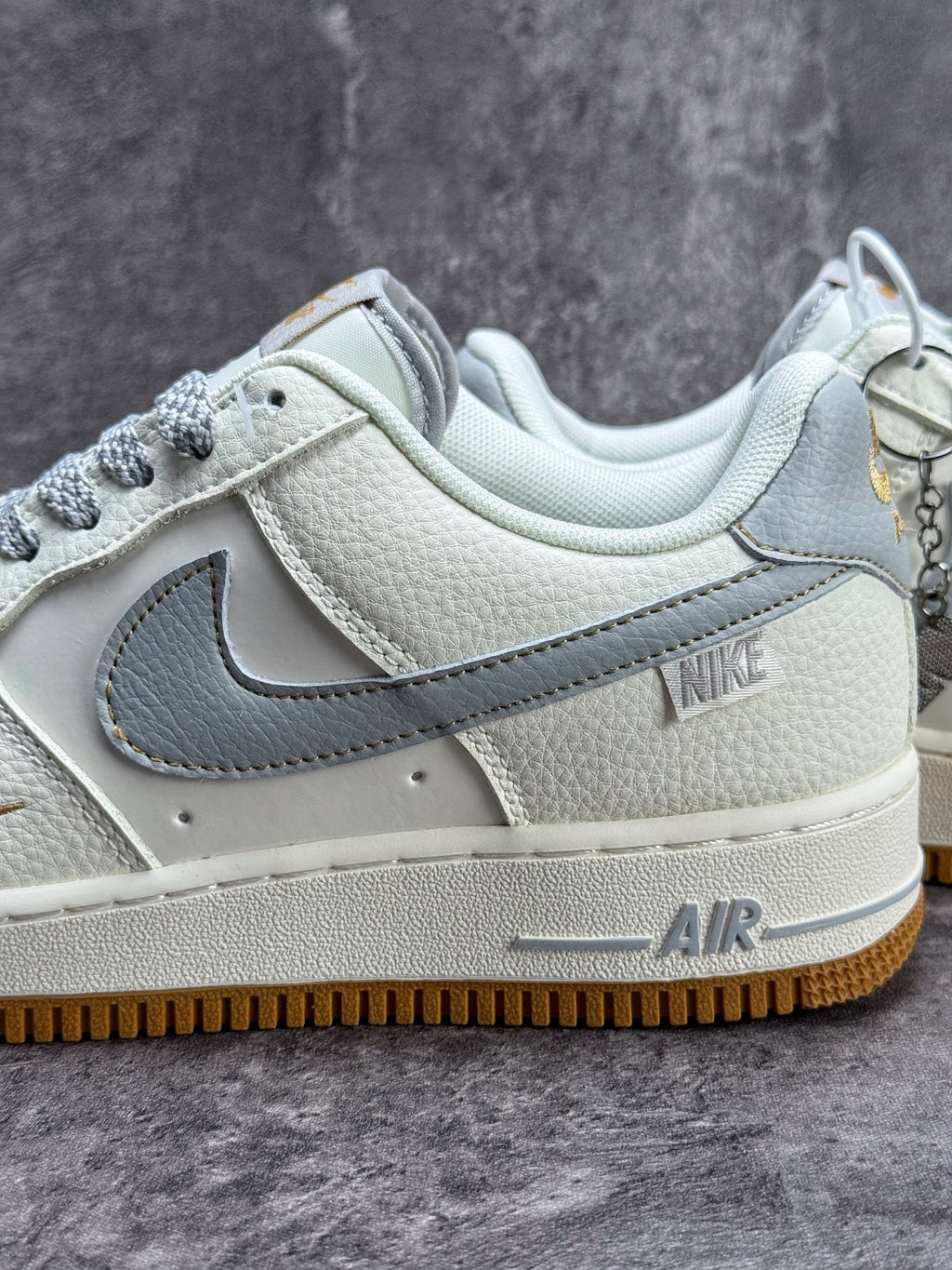 Nike Air Force 1 ’07 Low White & Grey Sneakers with Mini Swoosh, Gum Outsole Retro Lace-Up Casual Shoes
