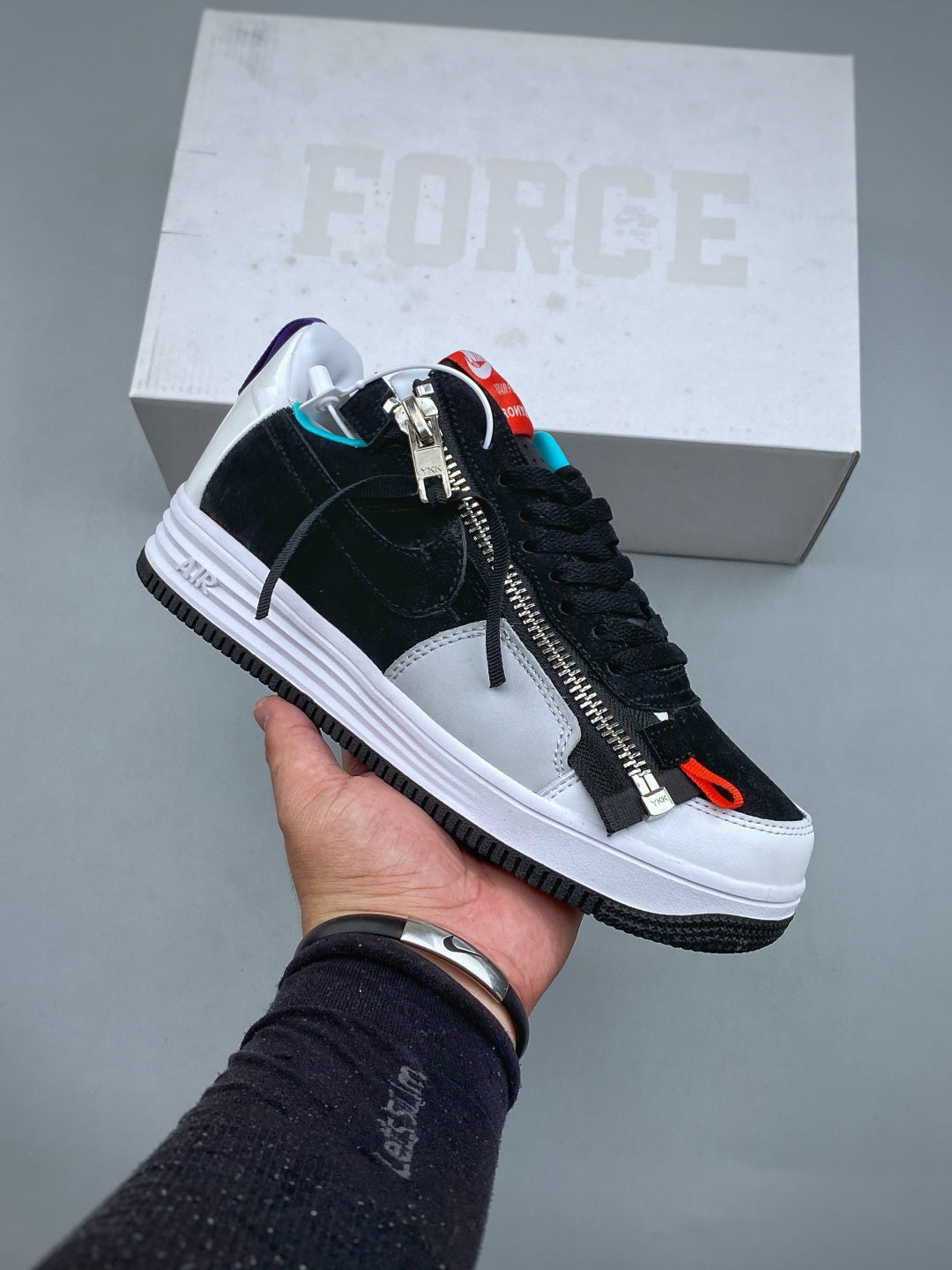 Nike Lunar Force 1 Black & White Zip Sneakers, Multicolor Accent Low-Top Lace-Up Streetwear Shoes