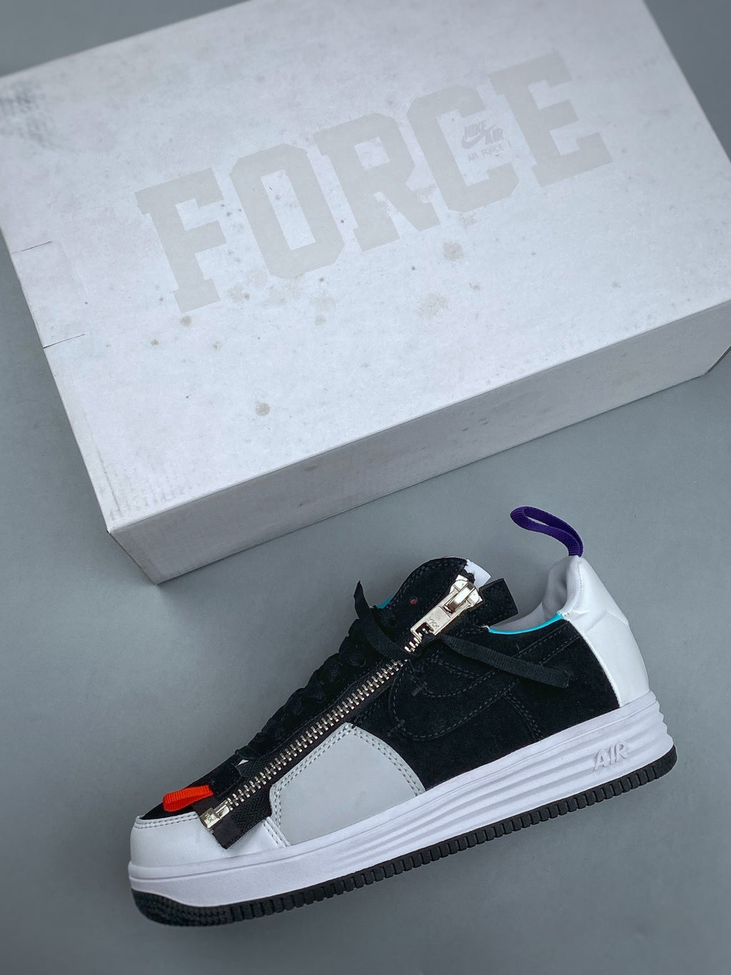 Nike Lunar Force 1 Black & White Zip Sneakers, Multicolor Accent Low-Top Lace-Up Streetwear Shoes