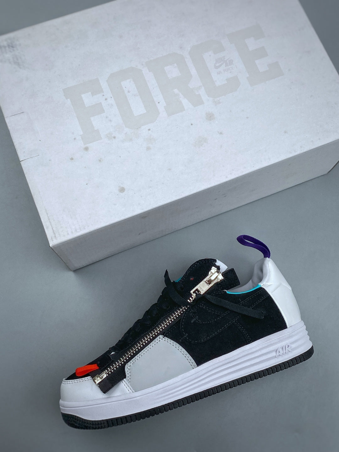Nike Lunar Force 1 Black & White Zip Sneakers, Multicolor Accent Low-Top Lace-Up Streetwear Shoes