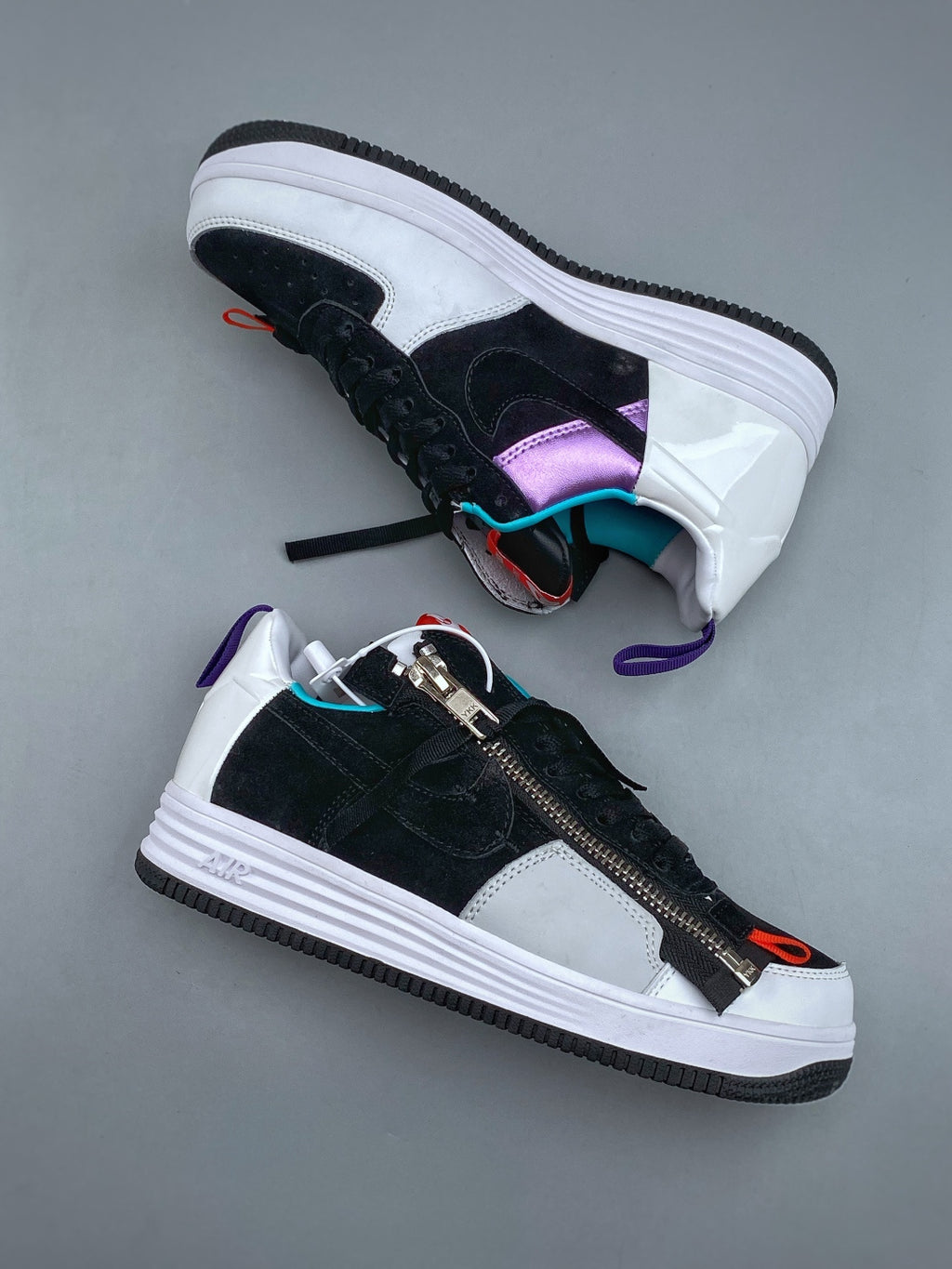 Nike Lunar Force 1 Black & White Zip Sneakers, Multicolor Accent Low-Top Lace-Up Streetwear Shoes