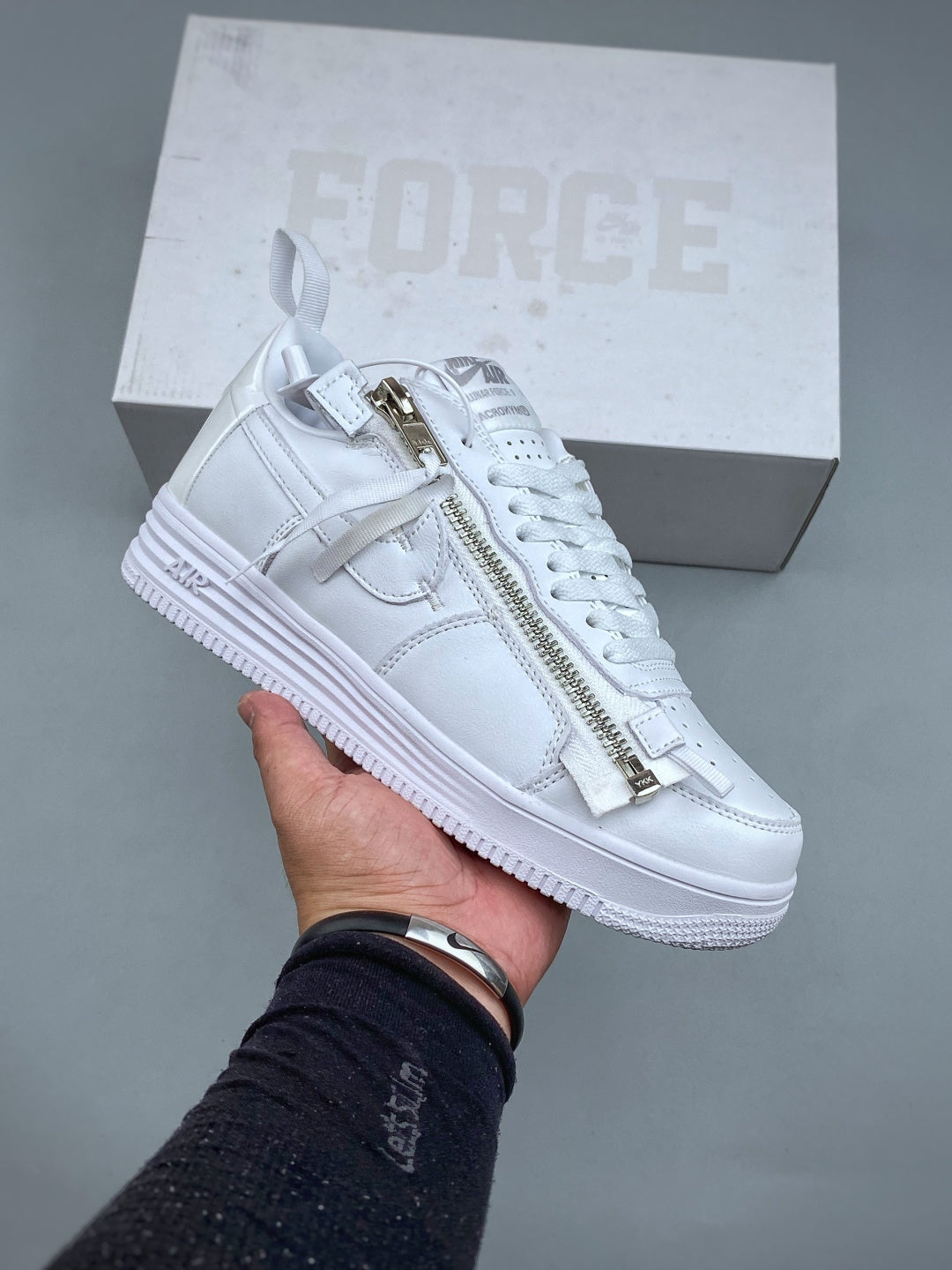 Nike Lunar Force 1 Triple White Zip Sneakers, Metallic Side Zipper Low-Top Lace-Up Casual Streetwear Shoes