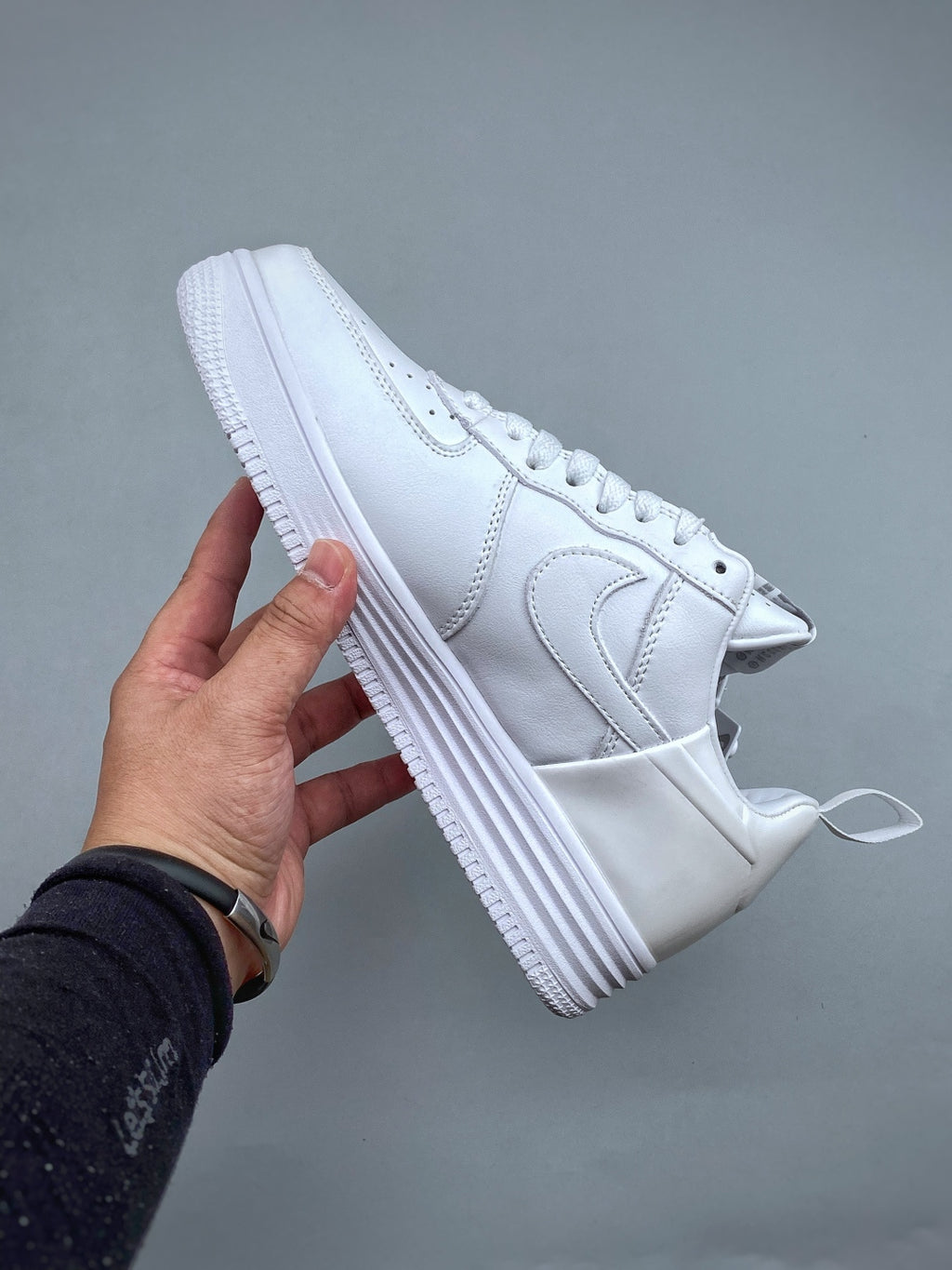 Nike Lunar Force 1 Triple White Zip Sneakers, Metallic Side Zipper Low-Top Lace-Up Casual Streetwear Shoes