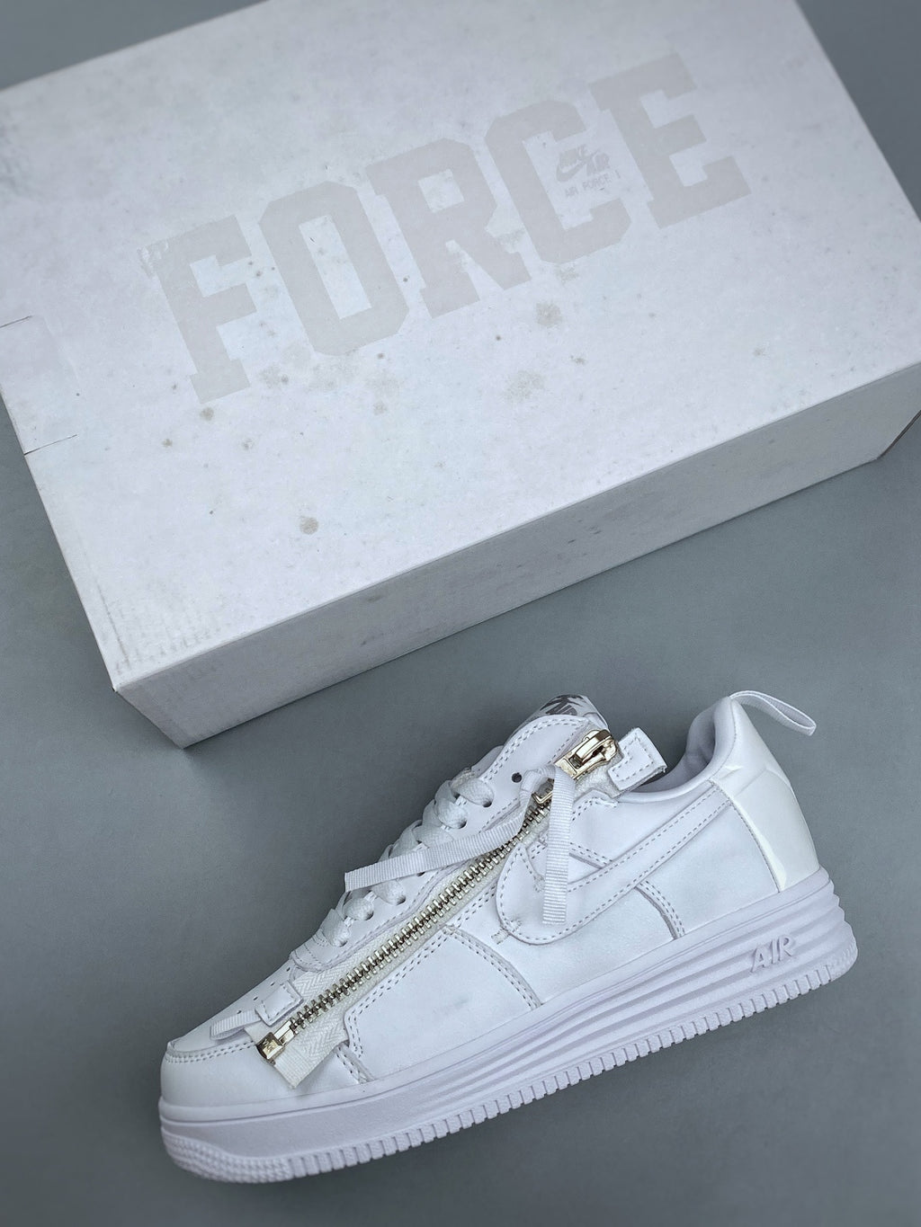 Nike Lunar Force 1 Triple White Zip Sneakers, Metallic Side Zipper Low-Top Lace-Up Casual Streetwear Shoes