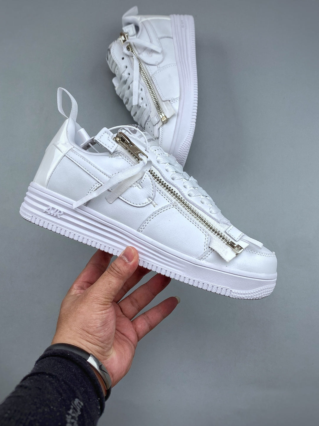 Nike Lunar Force 1 Triple White Zip Sneakers, Metallic Side Zipper Low-Top Lace-Up Casual Streetwear Shoes