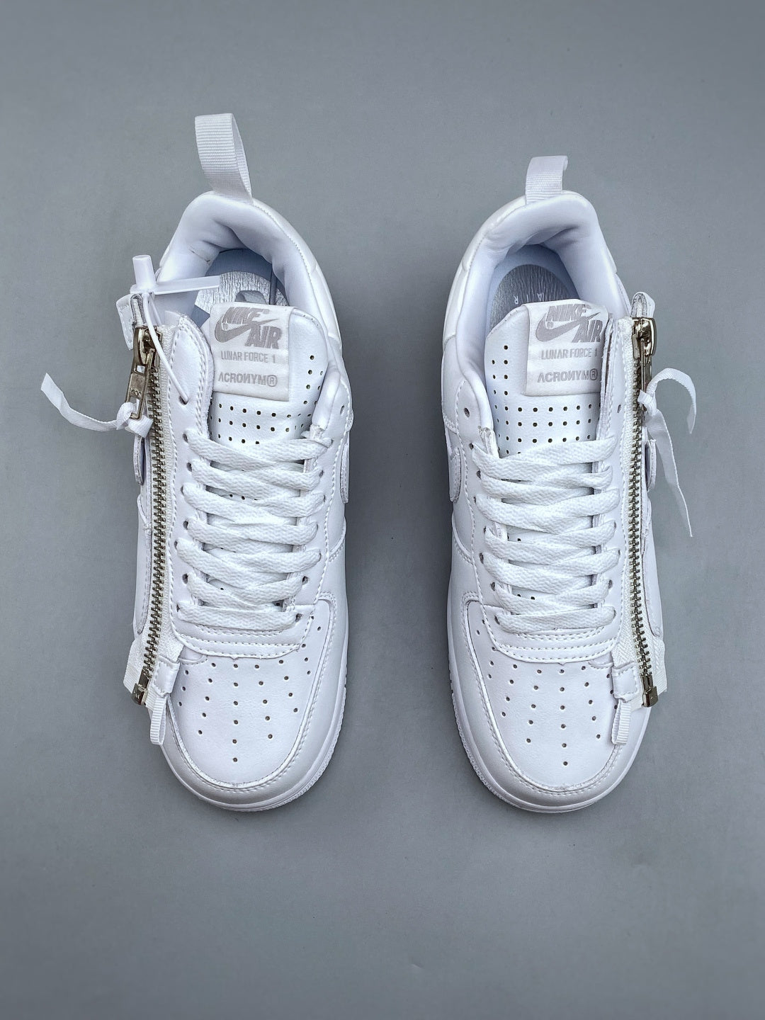 Nike Lunar Force 1 Triple White Zip Sneakers, Metallic Side Zipper Low-Top Lace-Up Casual Streetwear Shoes