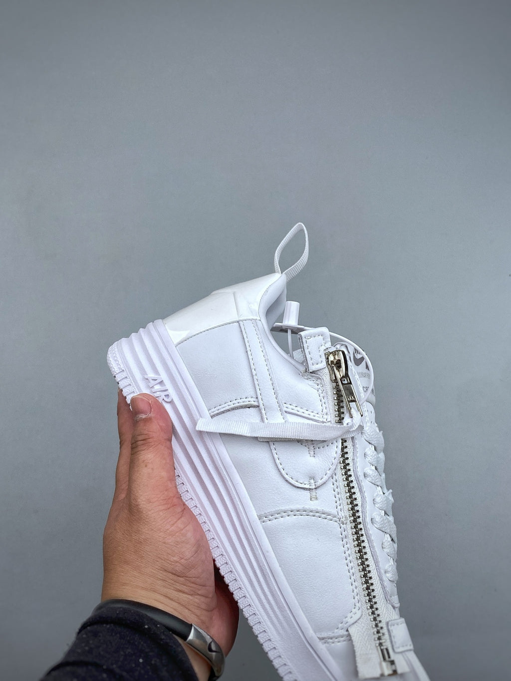 Nike Lunar Force 1 Triple White Zip Sneakers, Metallic Side Zipper Low-Top Lace-Up Casual Streetwear Shoes