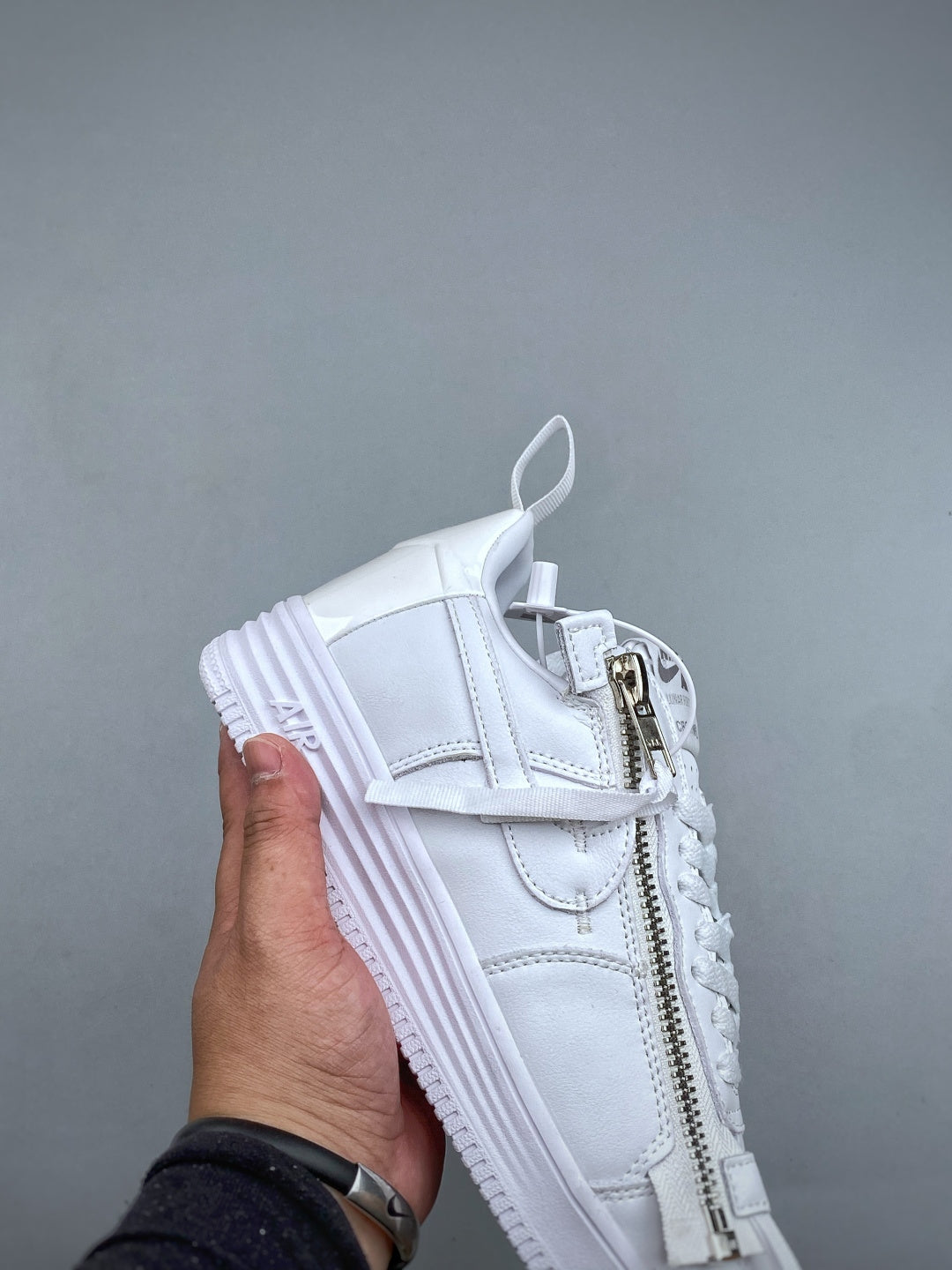 Nike Lunar Force 1 Triple White Zip Sneakers, Metallic Side Zipper Low-Top Lace-Up Casual Streetwear Shoes