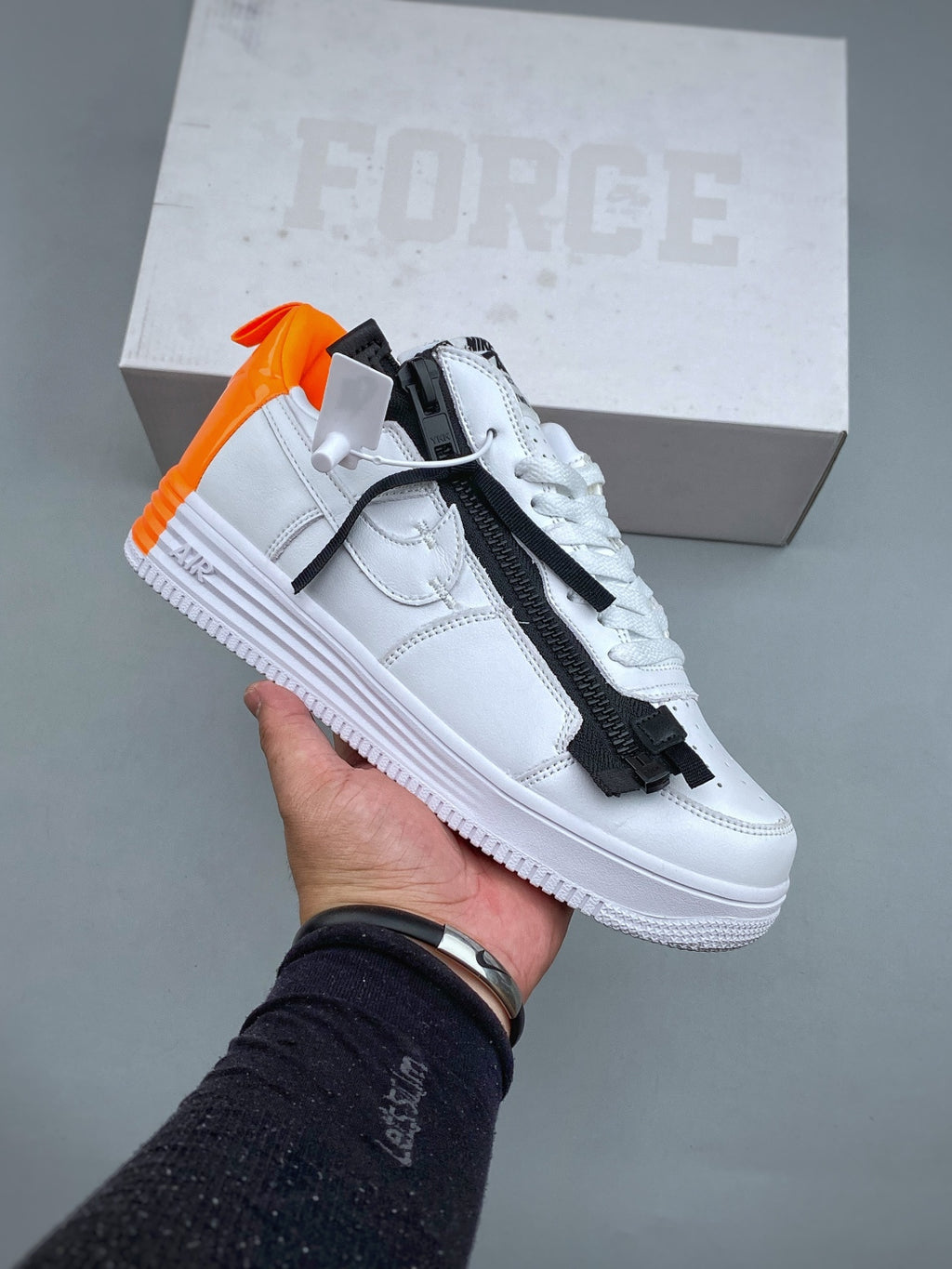 Nike Lunar Force 1 White & Black Zip Sneakers with Orange Accents, Low-Top Lace-Up Casual Streetwear Shoes