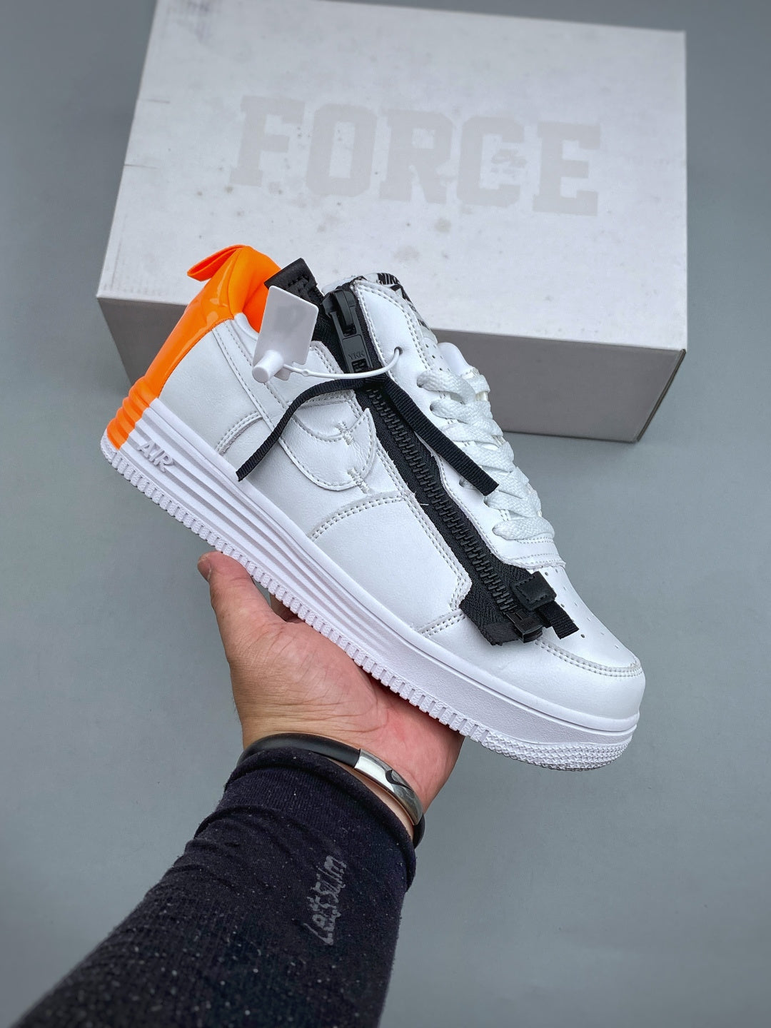 Nike Lunar Force 1 White & Black Zip Sneakers with Orange Accents, Low-Top Lace-Up Casual Streetwear Shoes
