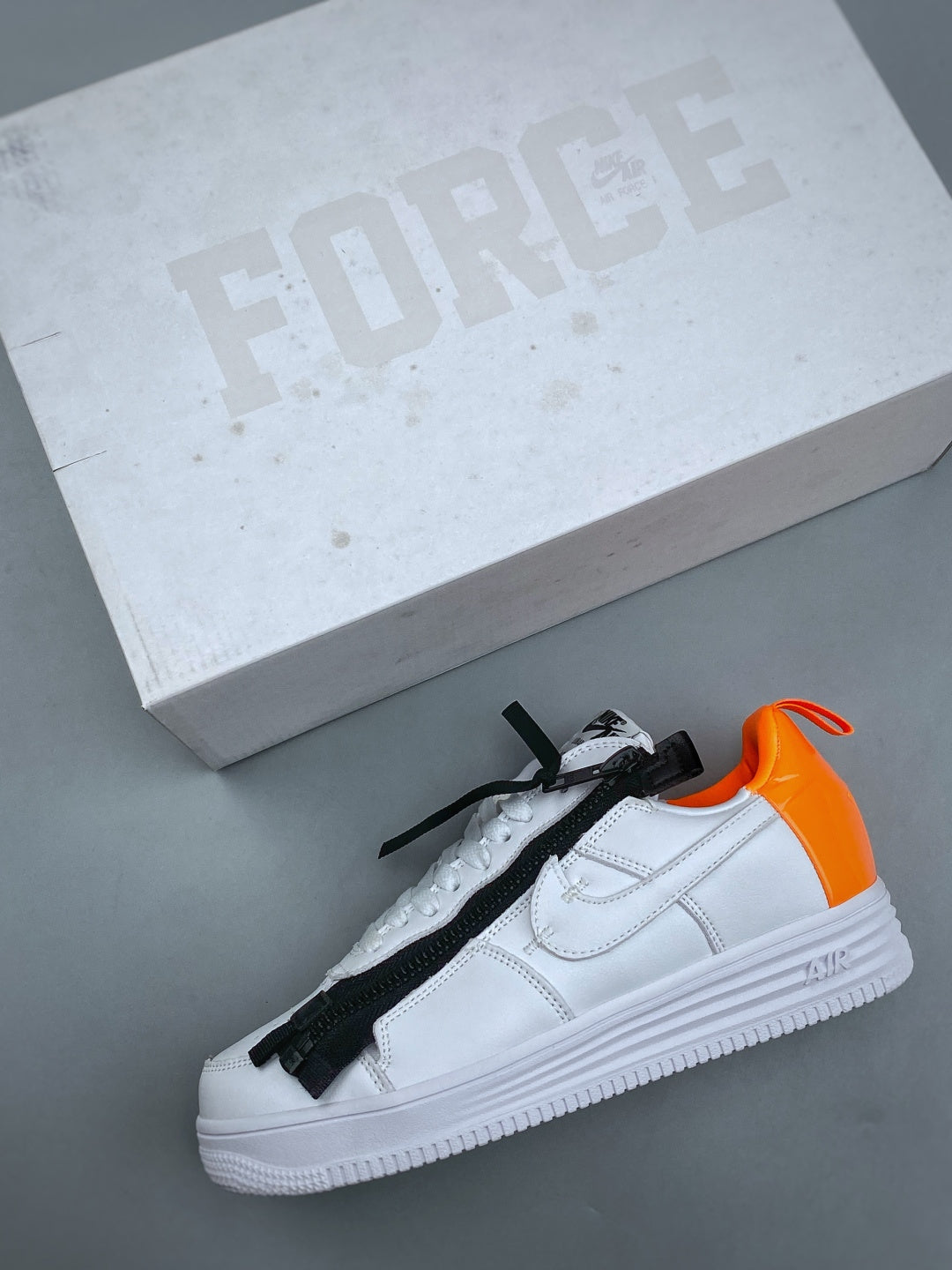Nike Lunar Force 1 White & Black Zip Sneakers with Orange Accents, Low-Top Lace-Up Casual Streetwear Shoes