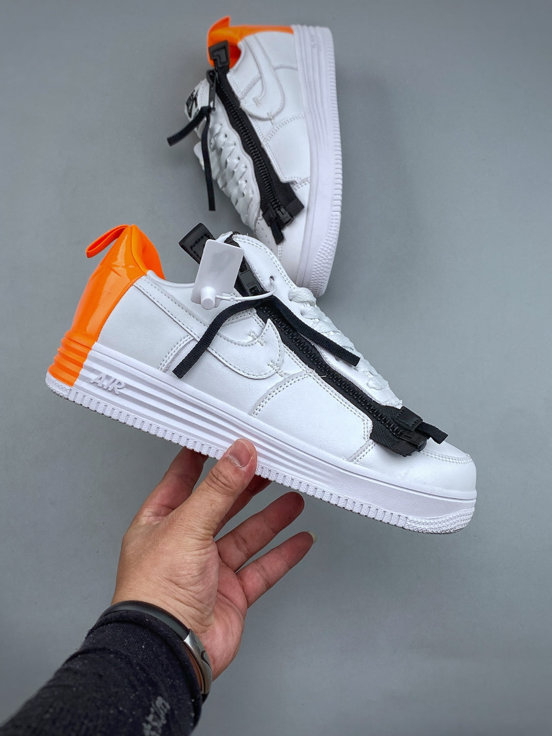 Nike Lunar Force 1 White & Black Zip Sneakers with Orange Accents, Low-Top Lace-Up Casual Streetwear Shoes
