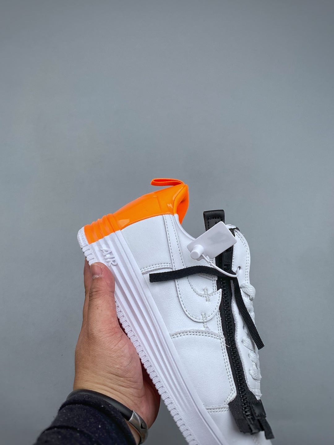 Nike Lunar Force 1 White & Black Zip Sneakers with Orange Accents, Low-Top Lace-Up Casual Streetwear Shoes