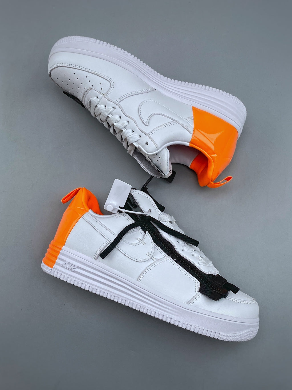 Nike Lunar Force 1 White & Black Zip Sneakers with Orange Accents, Low-Top Lace-Up Casual Streetwear Shoes