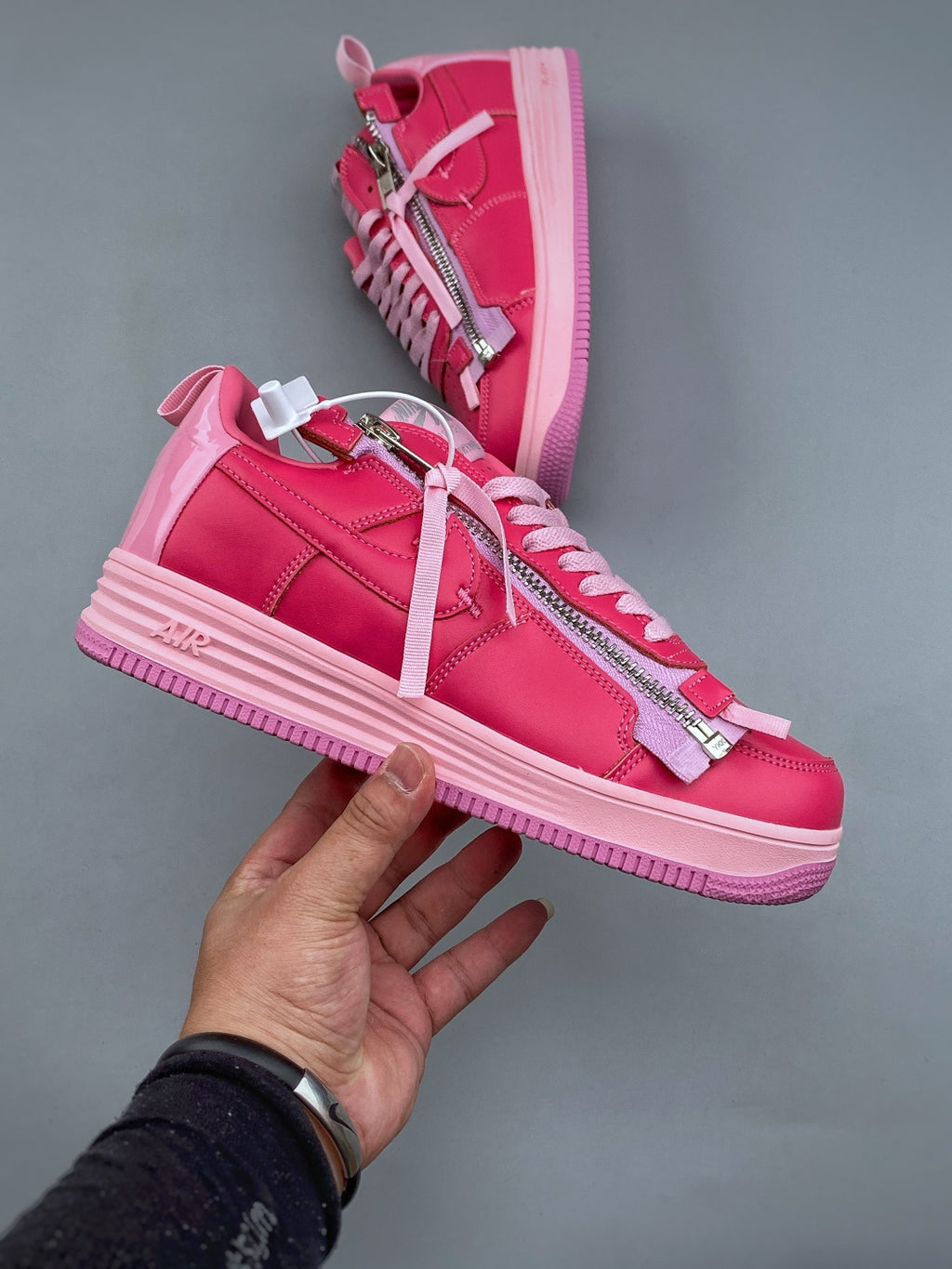 Nike Lunar Force 1 Hot Pink Zip Sneakers, Metallic Side Zipper Low-Top Lace-Up Casual Streetwear Shoes