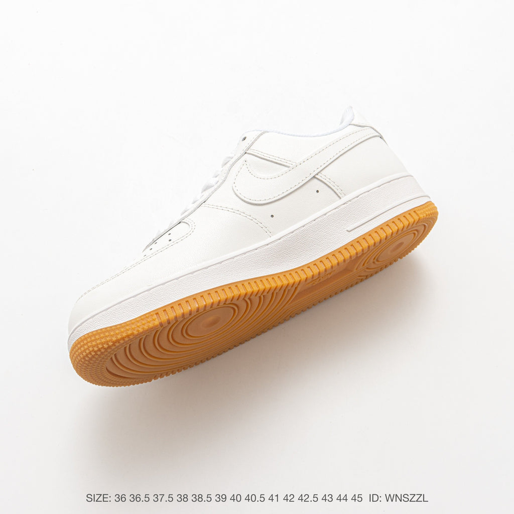 Nike Air Force 1 ’07 Low White Sneakers with Gum-Colored Outsole, Tonal Swoosh Retro Lace-Up Casual Shoes