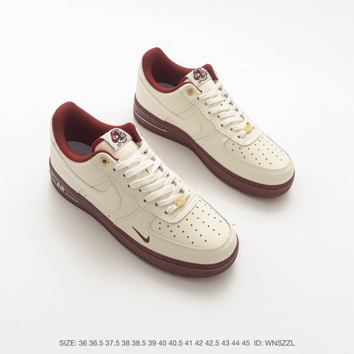 Nike Air Force 1 ’07 Low Cream & Burgundy Sneakers with Mini Swoosh, Retro Lace-Up Casual Streetwear Shoes