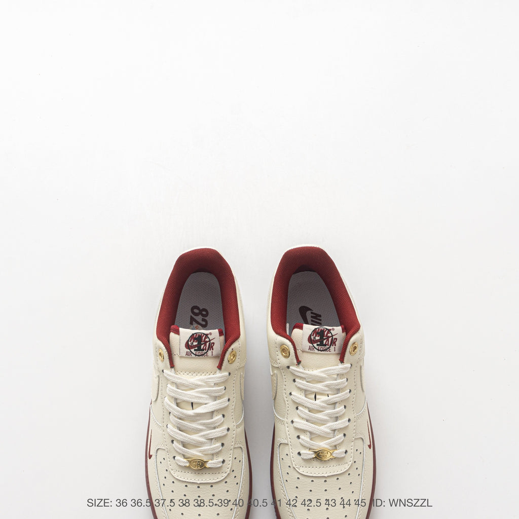 Nike Air Force 1 ’07 Low Cream & Burgundy Sneakers with Mini Swoosh, Retro Lace-Up Casual Streetwear Shoes