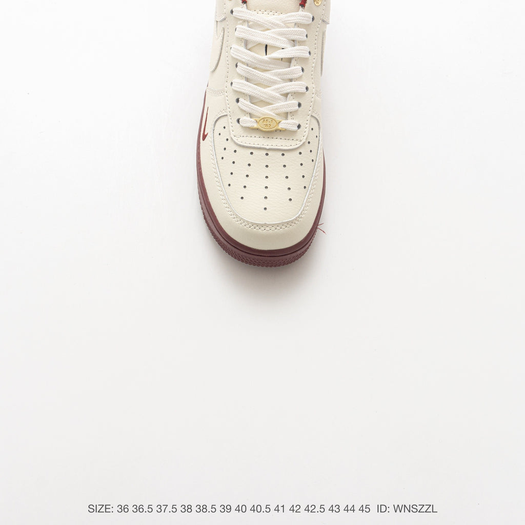 Nike Air Force 1 ’07 Low Cream & Burgundy Sneakers with Mini Swoosh, Retro Lace-Up Casual Streetwear Shoes