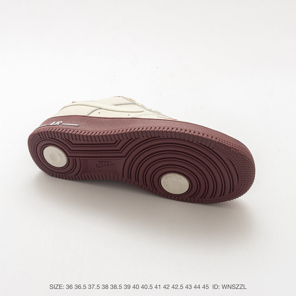 Nike Air Force 1 ’07 Low Cream & Burgundy Sneakers with Mini Swoosh, Retro Lace-Up Casual Streetwear Shoes