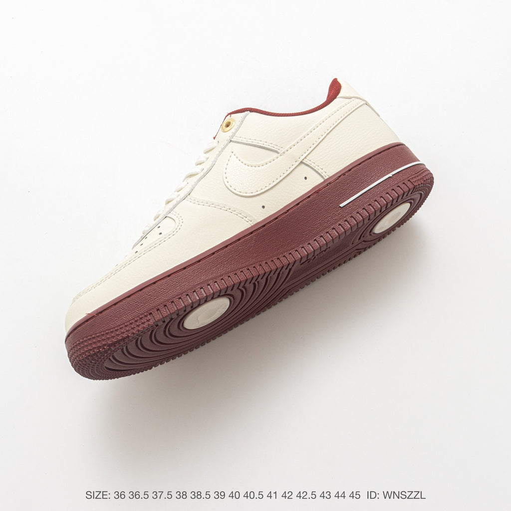 Nike Air Force 1 ’07 Low Cream & Burgundy Sneakers with Mini Swoosh, Retro Lace-Up Casual Streetwear Shoes