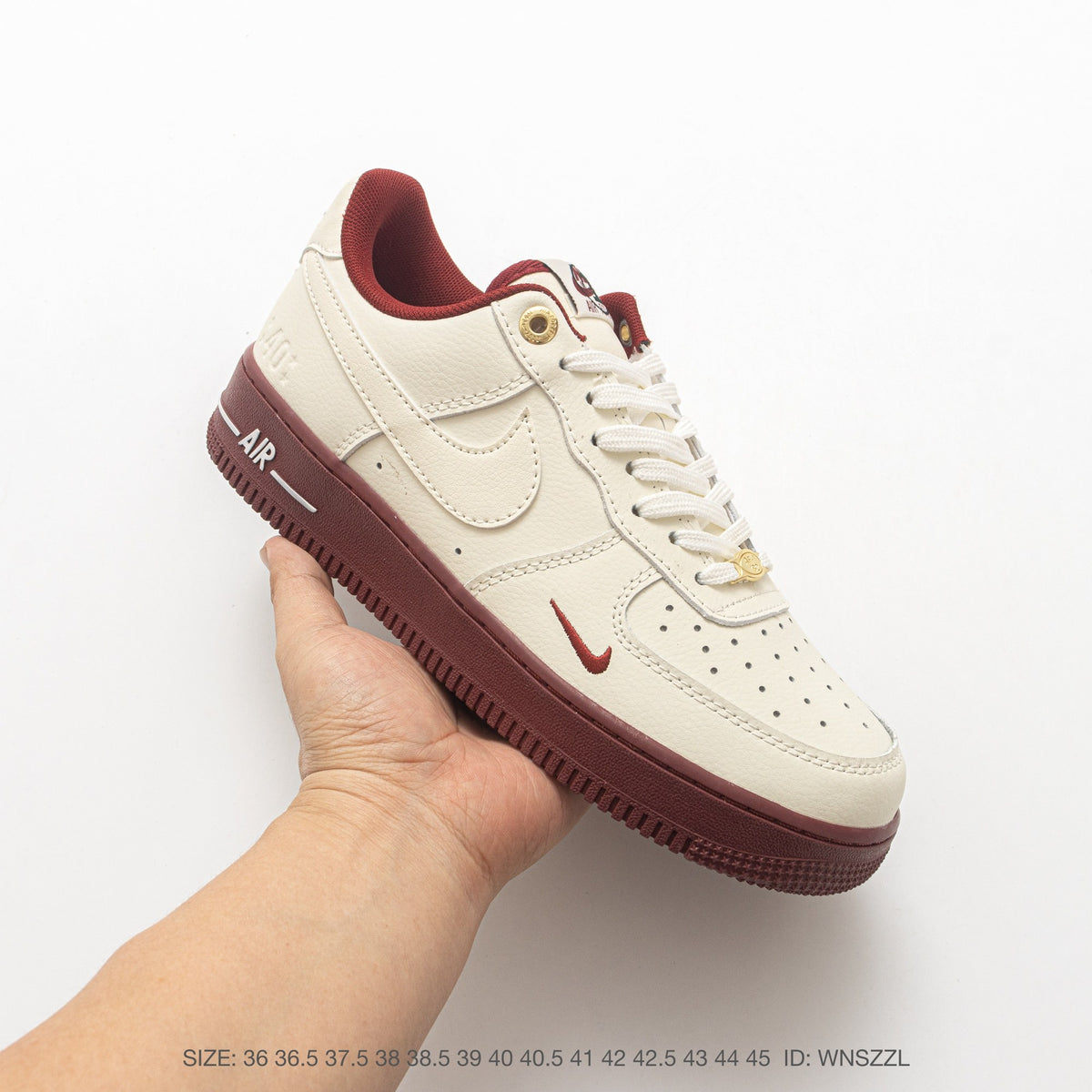 Nike Air Force 1 ’07 Low Cream & Burgundy Sneakers with Mini Swoosh, Retro Lace-Up Casual Streetwear Shoes