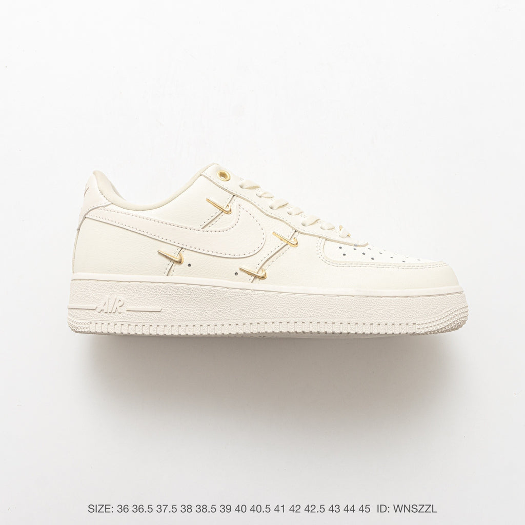 Nike Air Force 1 ’07 Low Cream White Sneakers, Tonal Swoosh Lace-Up Retro Casual Streetwear Shoes