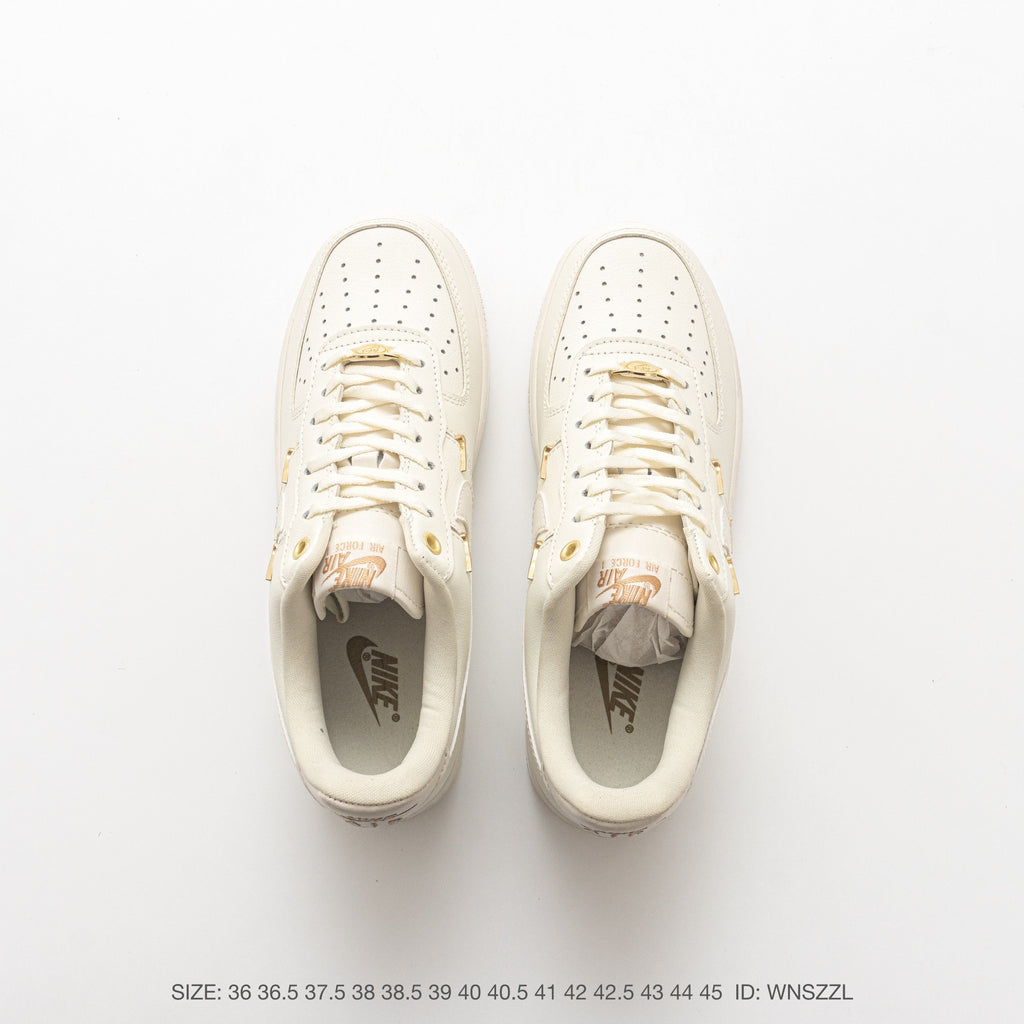 Nike Air Force 1 ’07 Low Cream White Sneakers, Tonal Swoosh Lace-Up Retro Casual Streetwear Shoes