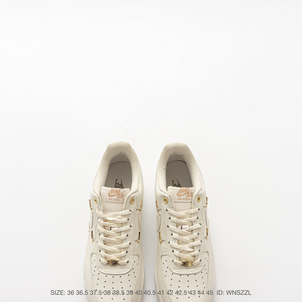 Nike Air Force 1 ’07 Low Cream White Sneakers, Tonal Swoosh Lace-Up Retro Casual Streetwear Shoes