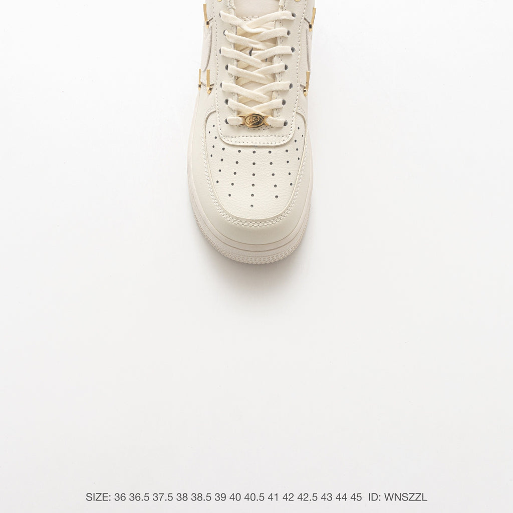 Nike Air Force 1 ’07 Low Cream White Sneakers, Tonal Swoosh Lace-Up Retro Casual Streetwear Shoes
