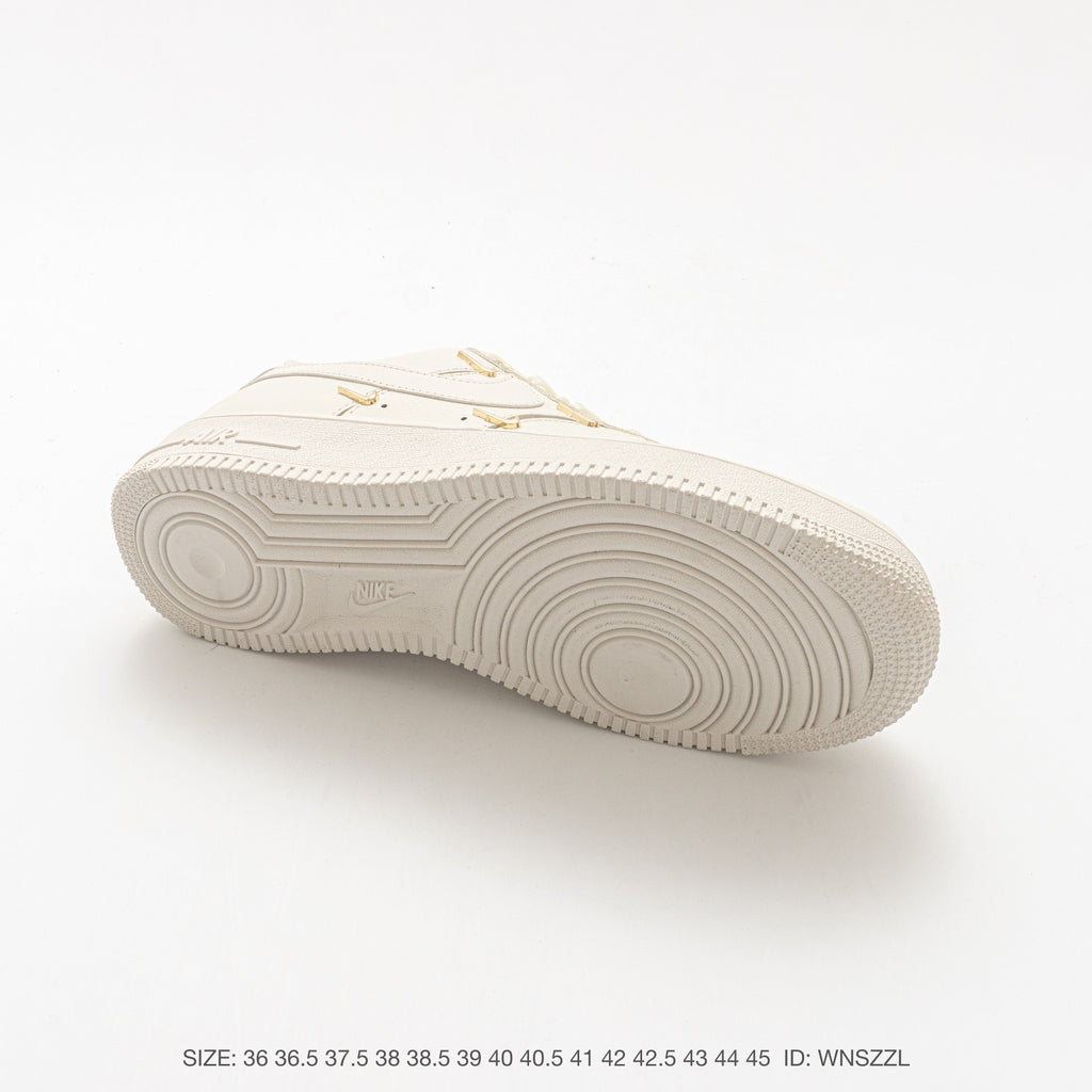 Nike Air Force 1 ’07 Low Cream White Sneakers, Tonal Swoosh Lace-Up Retro Casual Streetwear Shoes
