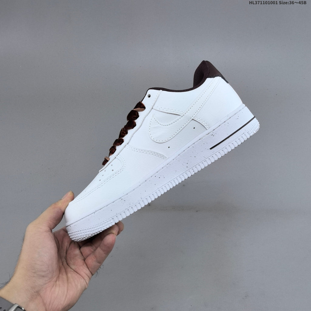 Nike Air Force 1 ’07 Low White & Black Sneakers with Brown Laces, Retro Low-Top Casual Streetwear Shoes