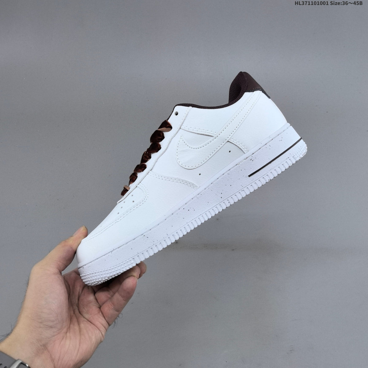 Nike Air Force 1 ’07 Low White & Black Sneakers with Brown Laces, Retro Low-Top Casual Streetwear Shoes
