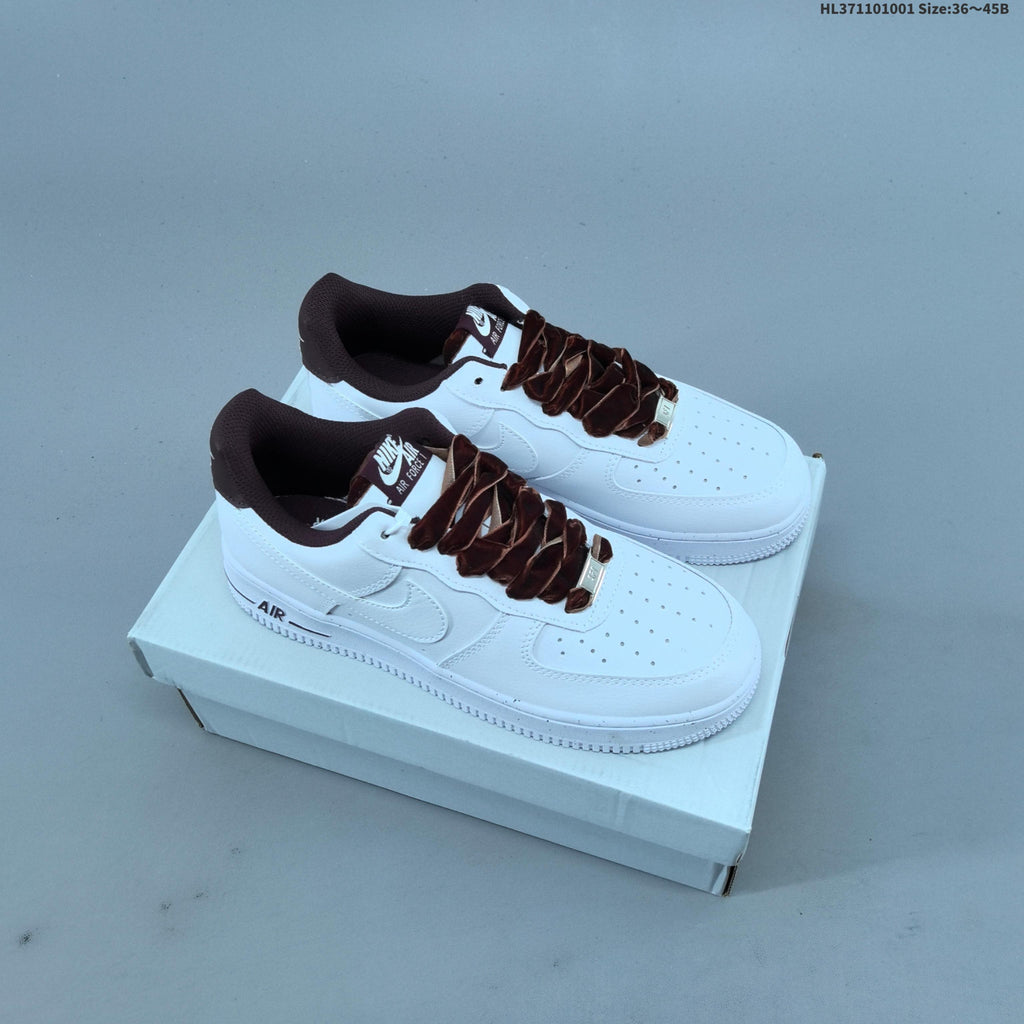 Nike Air Force 1 ’07 Low White & Black Sneakers with Brown Laces, Retro Low-Top Casual Streetwear Shoes