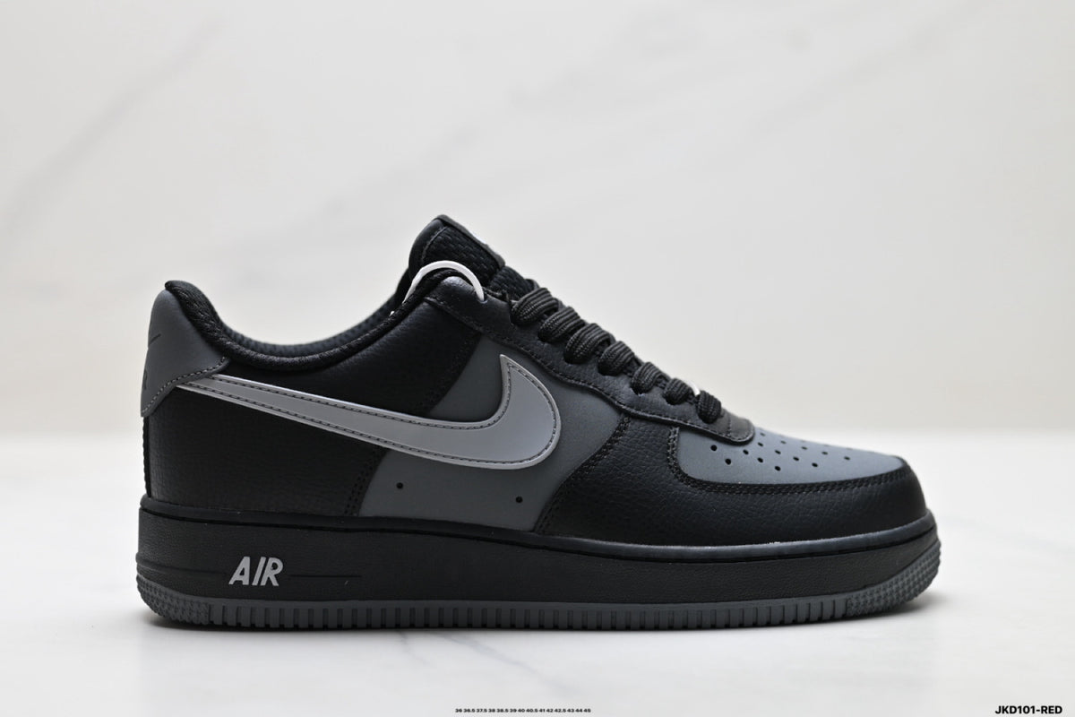 Nike Air Force 1 ’07 Low Black & Grey Sneakers, Contrast Swoosh Retro Lace-Up Casual Streetwear Shoes