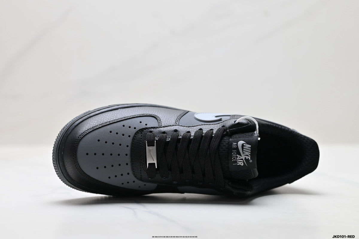 Nike Air Force 1 ’07 Low Black & Grey Sneakers, Contrast Swoosh Retro Lace-Up Casual Streetwear Shoes