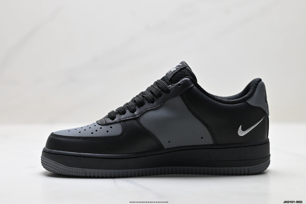 Nike Air Force 1 ’07 Low Black & Grey Sneakers, Contrast Swoosh Retro Lace-Up Casual Streetwear Shoes