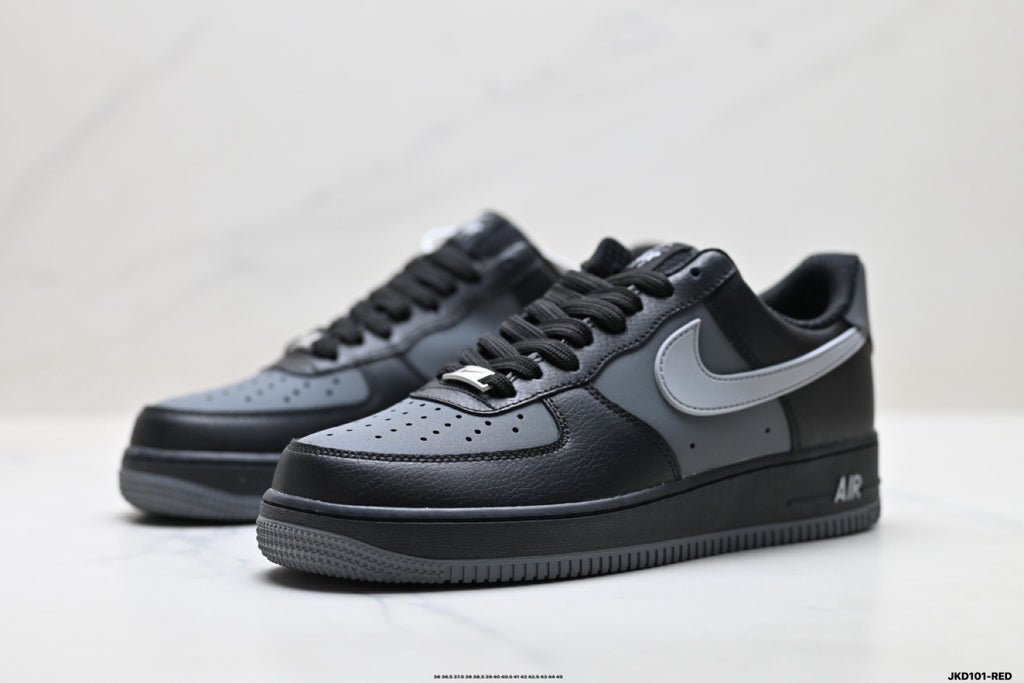 Nike Air Force 1 ’07 Low Black & Grey Sneakers, Contrast Swoosh Retro Lace-Up Casual Streetwear Shoes